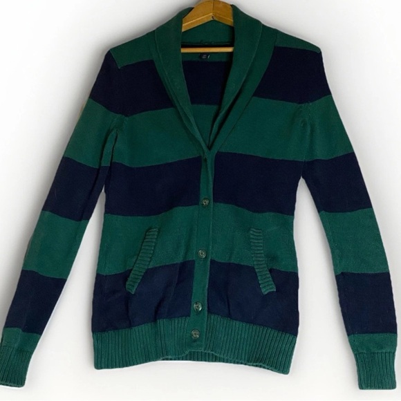 Tommy Hilfiger Sweater Mens Small Green & Blue Striped Cardigan Button Up Preppy - Picture 1 of 8